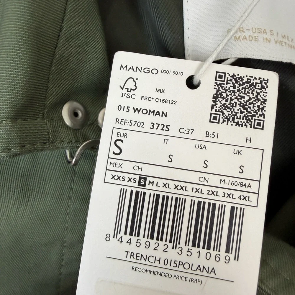 NWT Mango Classic Trench Coat with Belt Green Cotton Size S - Picture 13 of 13